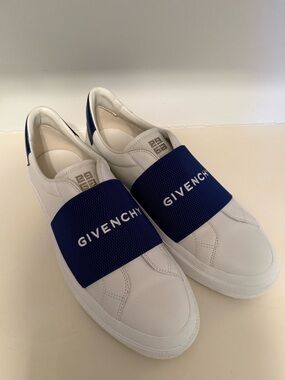 Givenchy White Leather Slip-On Sneakers with Navy Elastic Band